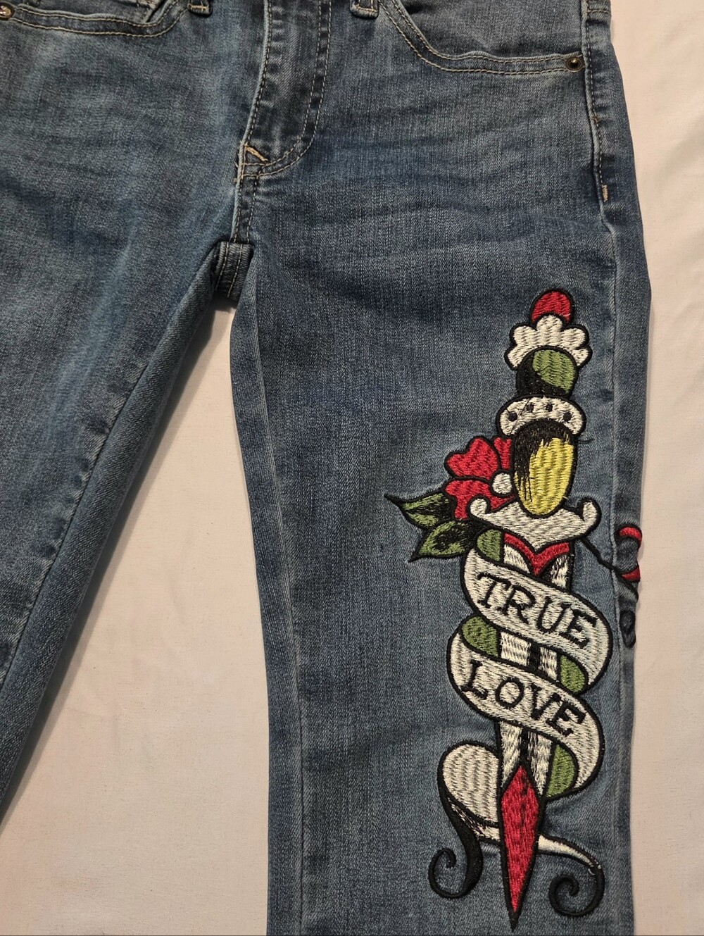 Ed Hardy Blue Flared Jeans with Colorful 'True Love' Dagger Embroidery 24 XS